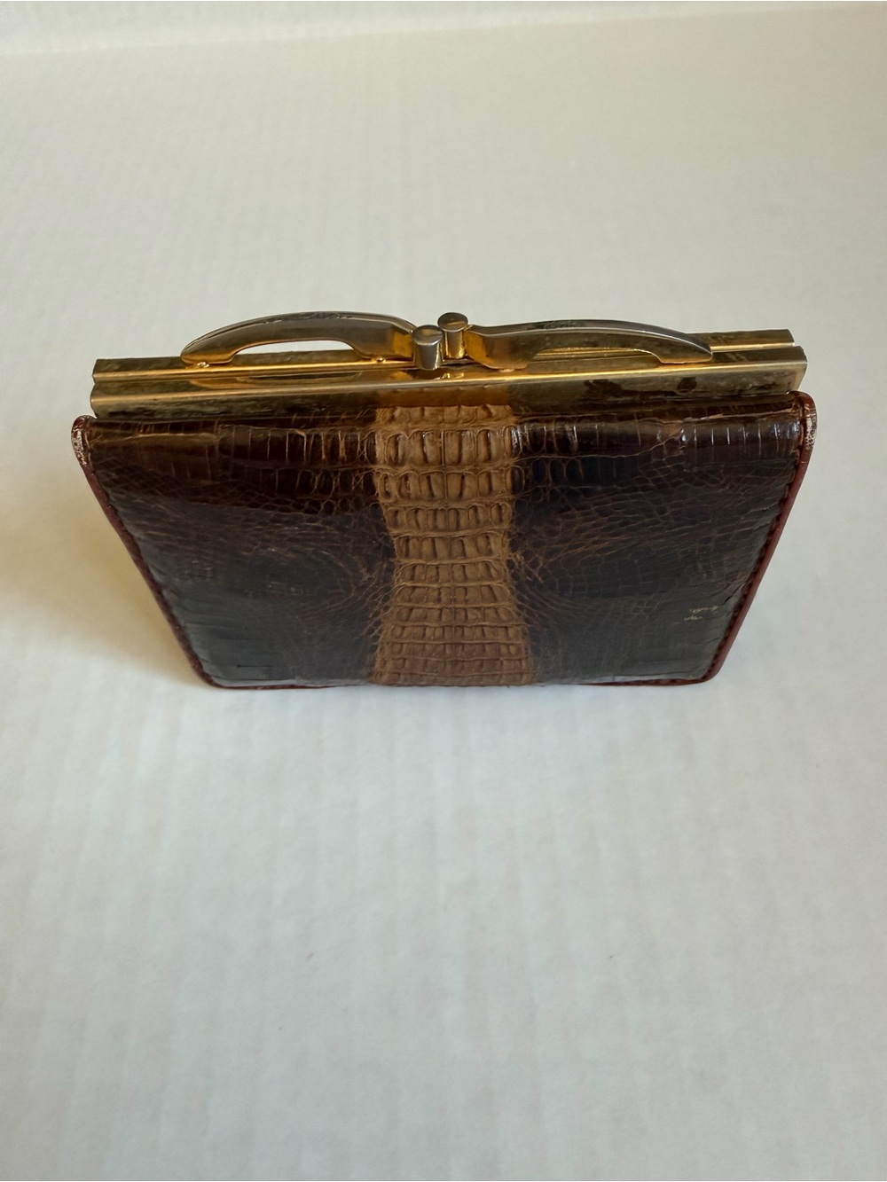 Vintage Croc-Embossed Leather Kiss-Lock Wallet in Dark Brown and Tan